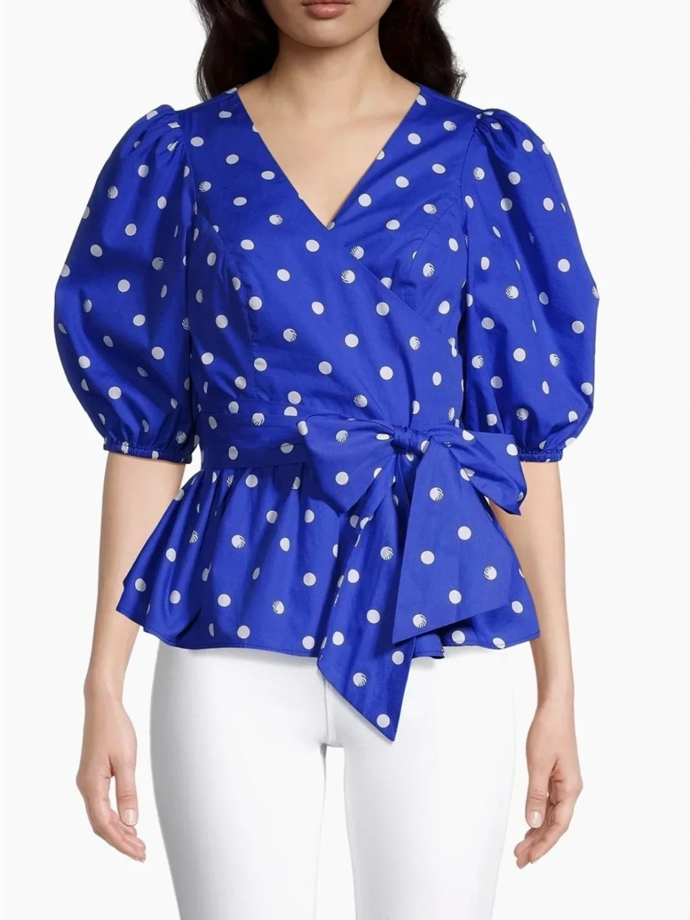Lilly Pulitzer Royal Blue and White Polka Dot Tie-Waist Puff Sleeve Blouse